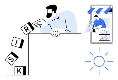 Adam R bloğunu itiyor RISK yazımının engellenmesine neden oluyor, online bir alışveriş resminin ve güneş ikonunun yanında. İş, risk, strateji, karar verme, e-ticaret, planlama, yenilik için ideal