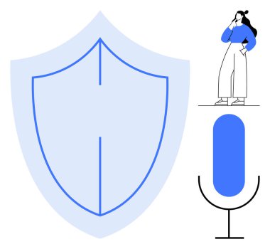 Geniş kalkan, mavi kazaklı kadın ve beyaz pantolon, ayakta duran mikrofon. Gizlilik, siber güvenlik, iletişim, koruma, ses tanıma kimliği için ideal. Basit soyut çizgi düz