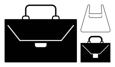 Siyah-beyaz, sağlam ve ana hatlı evrak çantası simgeleri. İş için ideal, ofis işi, profesyonel ayarlar, organizasyon, seyahat, akademik kullanım, sunumlar. Temiz soyut çizgi düz metafor