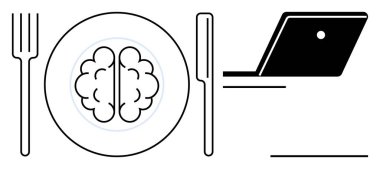 Laptopun yanında beyni olan bir tabak etrafında çatal ve bıçak. Eğitim, iş hayatı dengesi, akıl sağlığı, dijital öğrenme, yenilik, üretkenlik, yaratıcılık kavramları için idealdir. Soyut satır düzlüğü