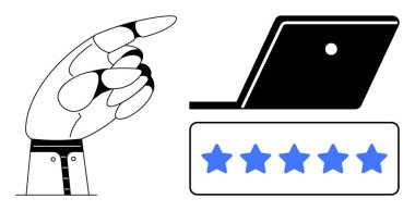 Eller açık bir dizüstü bilgisayarı işaret ediyor ve beş mavi yıldız yüksek kalitede olduğunu gösteriyor. Müşteri memnuniyeti, değerlendirme sistemleri, değerlendirme geri bildirimi, kalite güvencesi, hizmet mükemmelliği, performans