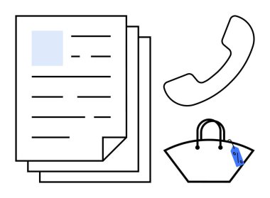 Ofis evrakları, telefon ahizesi, üzerinde fiyat etiketi olan alışveriş çantası. İş iletişimi, alışveriş, perakende yönetimi, müşteri hizmetleri, ofis belgeleri, kurumsal iş akışı için ideal