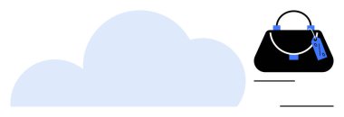 Mavi bir bulut simgesinin yanında mavi kayış ve etiketli siyah bir çanta. Çevrimiçi alışveriş, moda trendleri, e-ticaret, bulut depolama, dijital pazarlama, modern tasarımlar için ideal. Soyut satır düzlüğü