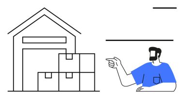 Mavi gömlekli bir adam istiflenmiş kutularla dolu bir depoyu işaret ediyor. Lojistik, envanter kontrolü, depolama çözümleri, dağıtım, tedarik zinciri, depo yönetim sistemleri, e-ticaret için ideal