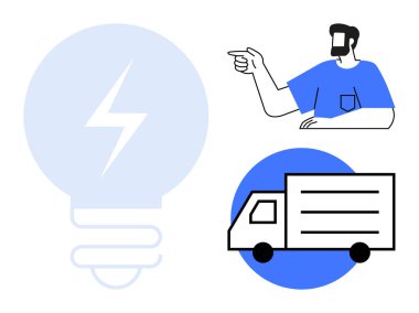 El gösteren kişi, yıldırım ampulü ve teslimat minibüsü. Enerji, lojistik, yenilik, ulaşım, elektrik sürdürülebilirliği insan etkileşimi için idealdir. Yaratıcı soyut çizgi düz