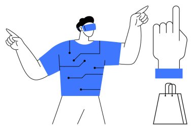 Adamın VR kulaklığı, mavi devre desenli gömleği, işaret eden el hareketi ve alışveriş poşeti ikonu ile etkileşimi. Teknoloji, VR, alışveriş, dijital etkileşim, artırılmış sanal gerçeklik için ideal