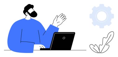 Masasında dizüstü bilgisayarıyla oturan ve el sallayan bir adam. Vites ve yaprak elementleri teknoloji ve doğa dengesini gösteriyor. İş için ideal, profesyonellik, iletişim, iş hayatı dengesi, teknoloji