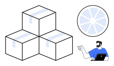 Dizüstü bilgisayarı olan bir adam üç istiflenmiş kutu ve bir pasta grafiğini gösteriyor. Lojistik, depo yönetimi, çevrimiçi satışlar, envanter takibi, tedarik zinciri, ekommerce, veri analizi için ideal. Soyut çizgi