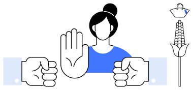 Woman raising hand in stop gesture, facing two fists. Side icons of wheat and umbrella. Ideal for conflict resolution, feminism, peace, negotiation, objection empowerment boundaries. Minimalistic clipart