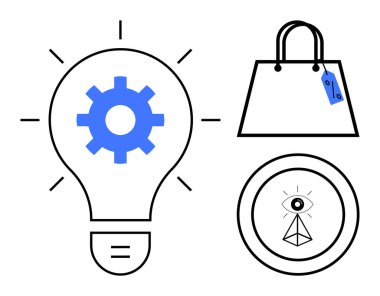 Teçhizatlı bir ampul, fiyat etiketli bir alışveriş çantası, ve geometrik dairenin içinde görme yeteneği olan bir göz. Yenilik, alışveriş, teknoloji, içgörü, yaratıcılık, çevrimiçi iş pazarlama için ideal