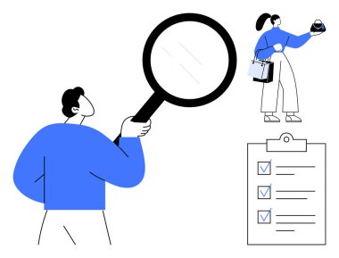 Elinde bir objeyi inceleyen büyüteç tutan kişi, elinde eşyalar tutan başka bir kişi, kontrol işaretli bir liste. Araştırma, analiz, teftiş, kalite kontrol, karar verme, denetleme için ideal