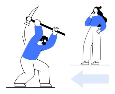 Elinde kazma olan, sallanmaya hazır bir adam. Kadın elleri çenesinde dalgın dalgın duruyor. Büyük mavi ok sağ tarafı gösteriyor. Takım çalışması, karar verme, ilerleme, problem çözme, strateji için ideal