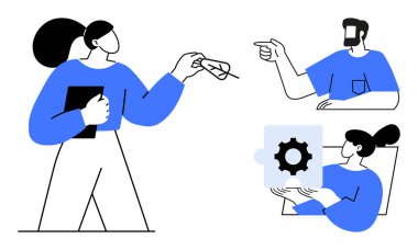 Üç kişi etkileşimde, biri dişli bulmaca parçası tutuyor, biri işaret ediyor, biri de pano ile. Takım çalışması, proje yönetimi, sorun çözme, iletişim, strateji işbirliği için ideal