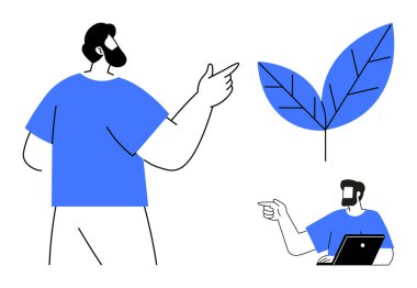 İleri bakan, dizüstü bilgisayarı olan dijital çalışan mavi yapraklar büyümeyi ve doğayı sembolize ediyor. Takım çalışması, teknoloji, çevre, yenilik, ilerleme, işbirliği sürdürülebilirlik için ideal