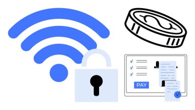 Kablosuz sinyal, asma kilit, bozuk para ve dijital fatura gösteren tablet. Çevrimiçi işlemler için ideal, dijital güvenlik, e-ticaret, mali yönetim, güvenli ödeme bağlanabilirlik fintech