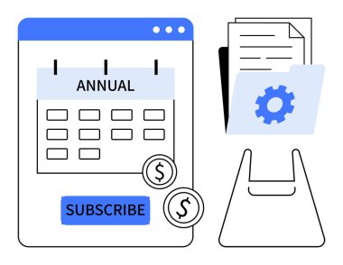 Yıllık takvimde abonelik düğmesi ve dolar işaretleri vardı. Belgeli klasör, çark simgesi. Üyelik hizmetleri, yıllık planlama, dijital belgeler, mali yönetim için ideal