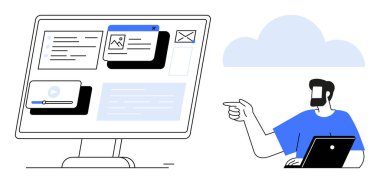 Birden fazla dijital içerik penceresi gösteren bir bilgisayar ekranını gösteren bir adam. Teknoloji, yazılım geliştirme, bulut hesaplama, uzaktan çalışma, dijital işbirliği, çevrimiçi eğitim, bilişim için ideal