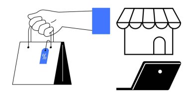 Elinde indirim etiketli bir alışveriş çantası, mağaza önü, dizüstü bilgisayar. E-ticaret, perakende satış, indirim, alışveriş trendleri, tüketici davranışı dijital alımlar için ideal online pazar. Soyut çizgi