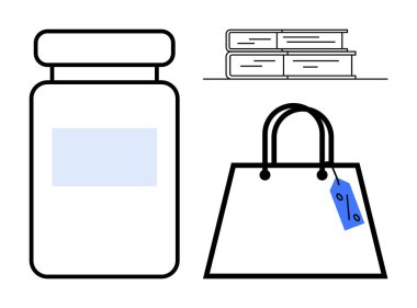 Ürün kavanozu, kitap yığını ve etiketli alışveriş çantası. E-ticaret, perakende pazarlama, eğitim, ürün tanıtımı, online alışveriş ticari kullanımı akademik için idealdir. Basit soyut çizgi düz