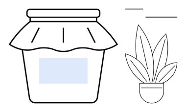 Saksı bitkisinin yanına örtülü kapaklı korunmuş yemek kavanozu ve notlar için yatay çizgiler. Mutfak etiketleme, bahçıvanlık, gıda koruma, organizasyon, minimalist dekor, not alma için ideal