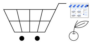 Alışveriş arabası, mavi çizgili tenteli, kontrol listesi ve kirazlı dükkan önü. E-ticaret, market teslimatı, perakende sektörü, alışveriş uygulamaları, çevrimiçi mağazalar tüketici malları ticaret stratejileri için ideal