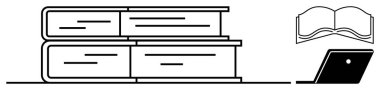 Açık bir kitap ve dizüstü bilgisayarın yanında yığınla kapalı kitap. Eğitim, bilgi, öğrenme, dijital dönüşüm, teknoloji, edebiyat, e-öğrenim için idealdir. Soyut çizgi düz metafor