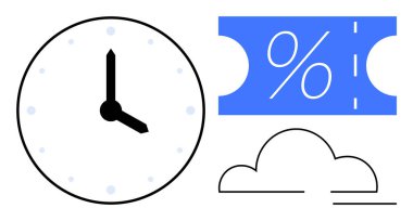 Analog saat zamanı gösteriyor, yüzde işaretli mavi indirim kuponu ve bir bulut taslağı. Zaman yönetimi, promosyonlar, tasarruflar, bulut hizmetleri, üretkenlik, dijital içerik ve ağ için ideal