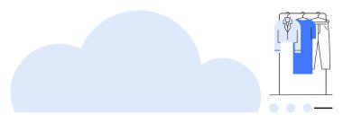 Solda bulut, sağda gömlek ve elbise askısı. Moda, veri depolama, minimalizm, dijital organizasyon, e-ticaret, gardırop yönetimi uygulamaları için ideal. Satır metaforu