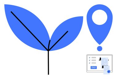 Büyük yapraklar, lokasyon simgesi ve ekranda dijital ödeme formu. Sürdürülebilir iş, büyüme, dijital ödemeler, konum tabanlı hizmetler, çevrimiçi işlemler, eko-ticaret için ideal