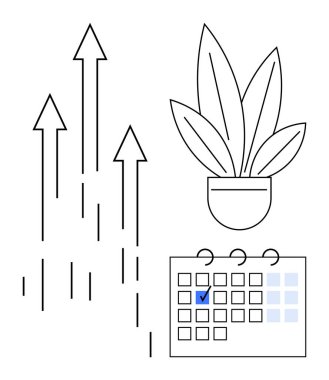 Yukarı bakan oklar, büyük yapraklı saksı bitkisi ve işaretli tarihli takvim. Büyüme, üretkenlik, planlama, ilerleme, başarı, zaman yönetimi ve başarı temaları için ideal