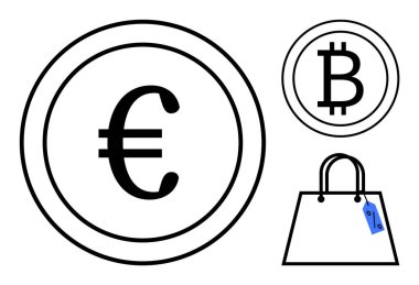 Fiyat etiketli bir alışveriş çantasının yanında Euro ve Bitcoin para birimi sembolleri. Finans, kripto para birimi, geleneksel para birimi, e-ticaret, perakende, dijital işlemler, ekonomik karşılaştırma için ideal
