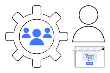 İnsan figürü vites yanında takım ve alışveriş arabası ikonu. E-ticaret, takım yönetimi, dijital pazarlama, müşteri hizmetleri, çevrimiçi iş, tüketici davranışı ve perakende stratejisi için ideal