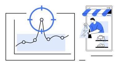 Dalgalanan bir grafikte hedef, mobil bir uygulama kullanarak alışveriş yapan biri. Pazar analizi, iş stratejisi, çevrimiçi alışveriş, veri analizi, e-ticaret, mobil uygulamalar, hedef belirleme için ideal