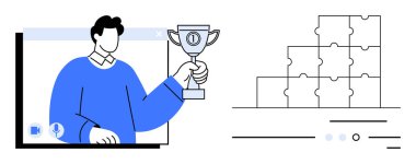 Elinde kupa tutan mavi kazaklı adam çevrimiçi pencereden çıkıyor. Bulmaca parçaları merdiveni oluşturur. Takım çalışması için ideal, çevrimiçi başarı, başarı ödülleri, sanal kutlamalar, hedef belirleme, proje