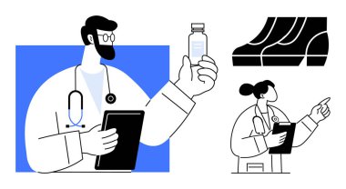 Doktorlar ellerinde haplar ve ilaçlar, tıbbi teşhisler ve hasta bakımı hakkında konuşuyorlar. Sağlık hizmetleri, teletıp, ilaçlar, teşhis, takım çalışması, doktor-hasta etkileşimi, tıbbi