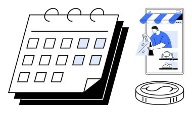 İşaretli tarihli takvim, bozuk para ve akıllı telefon online alışveriş gösteriyor. E-ticaret, takvim, mali planlama, dijital pazarlama, zaman yönetimi, ekonomik büyüme tüketici davranışı için ideal