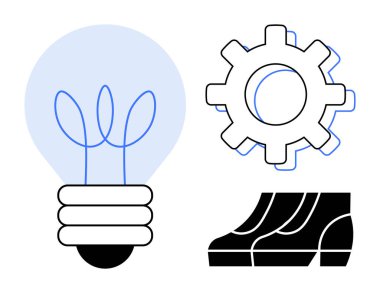 Üç iplikli ampul, dişli mekanizması ve bar çizelgesi yenilik, makine ve büyümeyi gösteriyor. Teknoloji, iş stratejileri, mekanik kavramlar ve başlangıç büyümesi için ideal