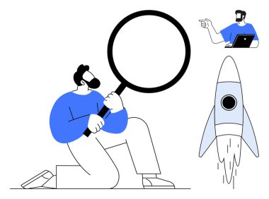 Elinde büyüteç tutan kişi, yakından inceliyor. Roket fırlatma, büyümeyi ve ilerlemeyi simgeliyor. Bilişim Teknolojisi Uzmanlığı sunumu, analiz ve teknolojiyi gösteriyor. Araştırma için ideal