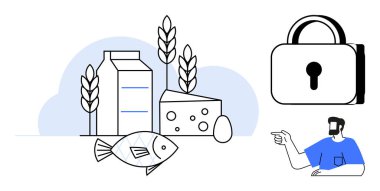 Süt kutusu, peynir, balık, yumurta, buğday, kilit, işaret eden kişi. Sağlıklı beslenme, beslenme, diyet, güvenlik, güvenlik protokolleri, gıda koruma eğitimi için idealdir. Soyut satır düzlüğü