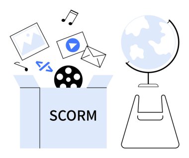 Resim, müzik, video ve kod gibi multimedya simgelerini içeren SCORM etiketli kutu. Yakınlarda, bir küre küresel eğitim erişimini sembolize ediyor. E-öğrenme, multimedya ve küreselleşme dijital için ideal