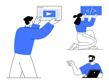 Üç takım üyesi faaliyette bulunuyor. Biri ekranda oynatma düğmesi tutuyor, diğeri kodlama işareti tutuyor ve üçüncüsü de dizüstü bilgisayarla. Takım çalışması, teknoloji, dijital içerik ve kodlama için ideal