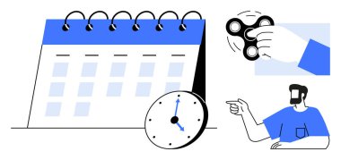 Takvim, saat, el hareketli fırıldak, ve dikkat çeken bir adam zaman yönetimi, stres atma, odaklanma. Üretkenlik, organizasyon, zaman çizelgeleri gevşeme hatırlatıcıları için ideal