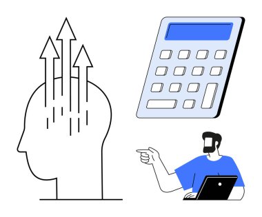 İşadamı dizüstü bilgisayar, büyük hesap makinesi ve yükselen oklarla siluet üzerinde çalışırken işaret ediyor. Finans, strateji, yenilik, sorun çözme, üretkenlik ve eğitim teknolojisi için ideal