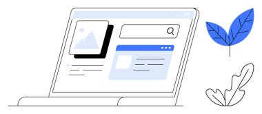 Mavi yaprak grafiklerinin yanında arama çubuğu ve resim tutacağı ile içerik düzenini gösteren dizüstü bilgisayar. UIUX tasarımı, web gelişimi, teknoloji dersleri, çevrimiçi öğrenme, dijital