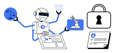 Çizelgeleri analiz eden robot dengeyi, kalbi ve robot kol simgelerini tutuyor. Belgeler ve kilitlerle görüldü. Teknoloji, yapay zeka, veri analizi güvenlik otomasyonu robotları için ideal. Satır metaforu