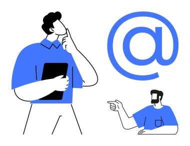 İki soyut karakter, biri tablet tutuyor ve üzerinde kafa yoruyor, diğeri de belirgin bir mavi e-posta sembolü ile işaret ediyor. Dijital iletişim, e-posta, teknoloji, sosyal medya, ağ kurmak için ideal