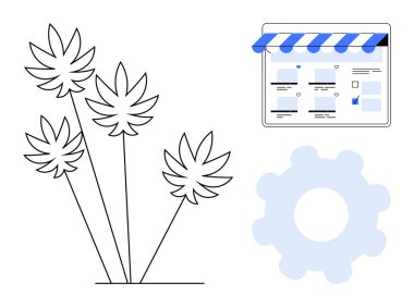 Vitesler ve bitki çizimleri bir web sayfası arayüzünün yanında. E-ticaret, web geliştirme, çevrimiçi iş, ayarlar, yapılandırma, büyüme stratejisi, teknoloji için idealdir. Soyut satır düzlüğü