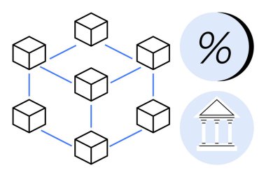 Birbirine bağlı küplerden oluşan engelleme zinciri, yüzde yüz sembol ve banka binası ikonu. Finans, bankacılık, kripto para birimi, merkezi olmayan ağlar, fintech, yatırım, güvenlik için ideal. Satır metaforu