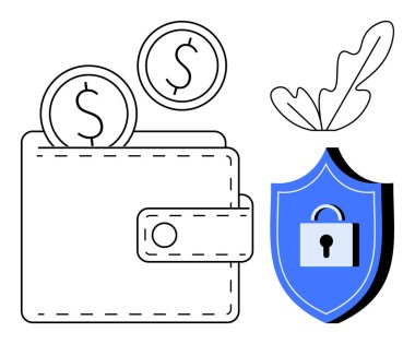 Bozuk paralı güvenli cüzdan, kilidi olan mavi bir kalkan ve bir yaprak mali koruma, tasarruf, güvenlik ve büyümeyi iletir. Finans, bankacılık, tasarruf güvenliği yatırımlarının korunması için ideal