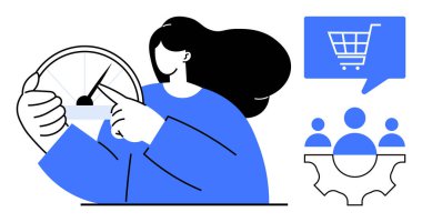 Hız göstergesini ayarlayan, kontrol ya da öncelik belirten, alışveriş arabası ikonu ve takım çalışması sembolüyle birlikte bir kadın. İş stratejisi, ecommerce, proje yönetimi, takım çalışması için ideal